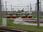 Stadtbahn Triebwagen der AVG in Albthalbahnohf in Karlsruhe.