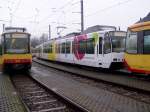 Abstellanlage Karlsruhe Albtalbahnhof rechts im Bild der Bistrostadtbahnwagen 848 mit der Kulturhauptstadtwerbung die Bewerbung Karlsruhes zur Kulturhauptstadt ist leider geplatzt und nun habe ich