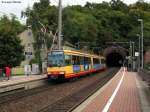 Wagen 801 mit BGV-Werbung hat als S5 nach Wrth (Rhein) gerade den Ersinger Tunnel passiert und hlt in Ersingen West.