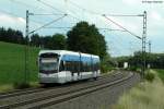 Wagen 1018 der Saarbahn im Dienst der AVG unterwegs als S9 von Mhlacker nach Bruchsal.