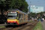 Wagen 896 als S4 Eilzug von Karlsruhe Albtalbahnhof nach Heilbronn Hbf. Aufgenommen am 28.06.2011 zwischen Durlacher Tor und Gottesauer Platz. Der Triebwagen wirbt seit dem Fall Brunner fr Zivilcourage (weggeschaut, ignoriert, gekniffen).