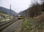 AVG Tw 861 macht sich am 17.02.2011 in Hhe des Haltepunkts Kirschbauwasen, dem letzten Halt im KVV-Gebiet, als S 85398 auf den Weg in Richtung Freudenstadt und weiter nach Eutingen i.