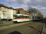 Zwei GT8-80C sind am 12.03.2012 an der Haltestelle Karlsruhe Yorckstrae auf dem Weg in Richtung Leopoldshafen.