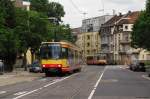 Wegen Bauarbeiten am Europaplatz im Rahmen der Kombilsung gab es von 07.06. - 10.06.2012 umfangreiche Umleitungen und ein stark gendertes Liniennetz in Karlsruhe. Das Bild entstand am 08.06.2012 in der Gartenstrae und zeigt eine umgeleitete S1 kurz vor der Haltestelle Weinbrennerplatz.