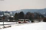 Noch einen langen Weg vor sich hat der AVG ETW 848  Regio Bistro . An diesem Tag verkehrte er von Odenheim bis Freudenstadt, ab Karlsruhe weiter als Eilzug. Aufgenommen am 21.01.2013 bei Zeutern.