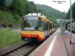 Karlsruher S-Bahn-Zug 878, S41 Raumnzach - Heilbronn am 22.05.2003 in der Endhaltestelle Raumnzach, rechts steht der Anschluzug nach Freudenstadt. Die Fahrzeit nach Heilbronn betrgt 3 Stunden, ich schtze die Streckenlnge auf mehr als 150 km, fr eine S-Bahn ziemlich lang.