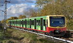 Der sogenannte  Bewerber-Zug  (Bezeichnung aufgrund der Werbefolie) der Berliner S-Bahn  481/482 424, 437  (NVR:  94 80 0481 424-0 D-DB..... ) als Linie S75 Richtung Berlin Ostbahnhof kurz vor der Einfahrt am S-Bhf. Berlin Hohenschönhausen am 23.10.24