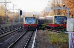 BERLIN, 12.11.2008, links S41 (Ringbahn in Uhrzeigerrichtung) bei der Einfahrt in den S-Bahnhof Landsberger Allee, rechts S42 (Ringbahn entgegen der Uhrzeigerrichtung) bei der Ausfahrt