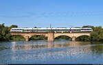 Ein 1442 (Bombardier Talent 2) befährt die Saalebrücke bei Halle-Wörmlitz.