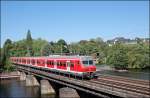 Eine S5 von Dortmund Hbf nach Mnchengladbach Hbf berquert bei Wetter(Ruhr) den Harkortsee. (12.05.2008)