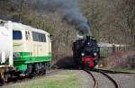 99 7203 (Gasteinsatz vom  Alb-Bhnle  bei der Brohltalbahn), passiert die letzte Weiche vor dem Bf Burgbrohl.