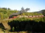 Zug Nummer 8933 zum Brocken mit 99 222 als Zuglok am   16.10.2005 zwischen Steinerne Renne und Drei Annen Hohne.