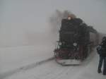 Schneesturm auf dem Brocken am 19.2.2010.
Nachdem der Brockenzug mit 99 222 wegen Lokschadens in Schierke steckenblieb,kam erst nach 70 Minuten 99 7239 wieder auf den Brocken.
Mit dem Zug bin ich anschlieend wieder nach unten gefahren,denn es war mittlerweile eisig kalt geworden.

Harzreise 2/2010