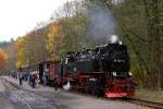 Bahnhof Alexisbad am Nachmittag des 20.10.2013. Auf Gleis 3 steht ein Sonder-PmG der IG HSB, mit 99 7247 an der Spitze, in Erwartung einer Doppelausfahrt, welche zum Programm einer dreitägigen Veranstaltung unter dem Motto  Schmalspurromantik im Oktober  gehörte. Auch jetzt noch, kurz vor Ende der Fahrt, erfreut sich der Verpflegungswagen regen Zuspruchs!