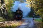 Wettrennen Dampfroß gegen Drahtesel! Wer da wohl gewinnt? ;-) (Aufnahme während einer Scheinanfahrt von 99 6001 mit IG HSB-Sonderzug am 19.10.2014 zwischen Mägdesprung und Alexisbad.)