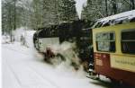 Zugkreuzung im Bahnhof Steinerne Renne.
Richtung Wernigerode steht der vom Brocken kommende Personenzug. Januar 2006