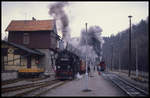 997242 rechts und 997247 kreuzen am 6.3.1990 mit ihren Personenzügen im Bahnhof Alexisbad.