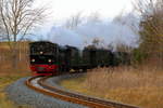 99 5901 mit IG HSB-Sonderzug am 07.02.2016 bei der Fahrt durch die Stieger Wendeschleife. (Bild 1)