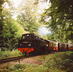 26. August 1985, Schmalspurbahn Kühlungsborn - Bad Doberan. Lok  99 322 fährt mit ihrem Zug in Richtung Norden. 