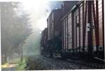 Dstg 54234 mit den beiden Rollwagen im morgentlichen Dunst, auf dem Weg nach Schmalzgrube. 21. Mai 2011.