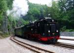 Der von 99 1771-7 gezogene Zug erreicht, talwrts fahrend, den Hp. Rabenau, 31.05.2009.
