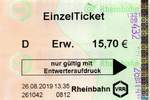 DSSELDORF, 26.08.2019, Einzelticket fr die Tarifzone D im Verkehrsverbund Rhein-Ruhr (VRR), mit dem man z.B. von Dsseldorf Flughafen nach Haltern am See fahren kann (Fahrkarte eingescannt)