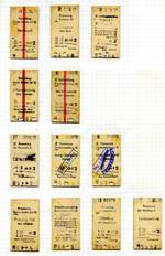 Edmonson'sche Fahrkarten der Deutschen Reichsbahn aus den 1970er Jahren: 1. Reihe Schnellzugfahrkarte Berlin Stadtbahn - Stralsund, Personenzugfahrkarte Stralsund - Dresden sowie Schnellzugzuschlag, 2. Reihe Schnellzugfahrkarten Berlin Stadtbahn - Neubrandenburg und zurück, 3. Reihe Personenzugfahrkarten Pasewalk - Neubrandenburg und Neubrandenburg - Burg Stargard und zurück, 4. Reihe Personenzugfahrkarte Berlin Stadtbahn - Potsdam Hbf. mit Schnellzugzuschlag, Personenzugfahrkarten Potsdam Hbf. - Jüterbog und Jüterbog - Luckenwalde