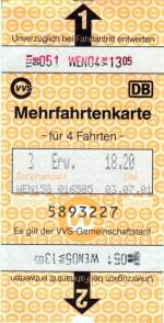 Wendlingen, am Automaten gelste Mehrfahrtenkarte ber 3.Zonen bei der VVS aus dem Jahre 2001 (Originalbeleg eingescannt)