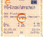 Plochingen, am Automaten gelster Einzelfahrschein 2.Zonen bei der VVS aus dem Jahre 2001 (Originalbeleg eingescannt)