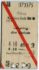 Fahrkarte Eilzug
Deutsche Reichsbahn
Ausgabeort: Karl-Marx-Stadt
Datum: 07.09.1976