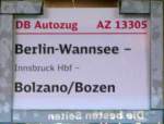 Zuglaufschild des AZ 13305 (CNL 43305  VENUS ) von Berlin Wannsee nach Bolzano/Bozen, beim Halt in Naumburg (Saale) Hbf; 07.03.2008