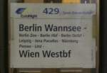 Zuglaufschild des EN 429  SPREE-DONAU-KURIER  von Berlin-Wannsee nach Wien Westbf, in Naumburg (Saale) Hbf; 08.03.2008