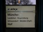 Zuglaufschild vom Alex von München nach Hof.  Fotografiert am 12.04.14.