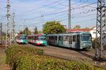 VGF Fahrzeugparade zum Jubiläum 50 Jahre U-Bahn Frankfurt am Main am 06.10.18 in Heddernheim mit Bombardier U5-25 Wagen 675, 625 und 696 vom Bahnsteig aus fotografiert