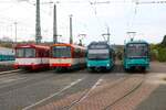 VGF Düwag U2 Wagen 133, U3 Wagen 153, U4 Wagen 534 und Bombardier U5-25 Wagen 693 am 27.10.24 im Rahmen einer Sonderfahrt in Frankfurt am Main. Das Foto wurde in einer Abstellanlage gemacht mit Warnweste durfte man dort Fotos machen