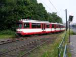 Eine Doppeltraktion aus DUEWAG-Stadtbahnwagen GT8SU bei der Ausfahrt aus der Wendeschleife in Dsseldorf-Lrick am 30.