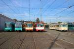 VGF Fahrzeugparade zum Jubiläum 50 Jahre U-Bahn Frankfurt am Main am 06.10.18 in Heddernheim mit Bombardier U5 Wagen 610, Siemens U4 Wagen 511, Düwag U3 Wagen 151, Düwag U2 Wagen 303