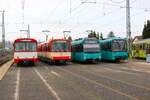 VGF Düwag U2 Wagen 133, U3 Wagen 153, U4 Wagen 534 und Bombardier U5-25 Wagen 693 am 27.10.24 im Rahmen einer Sonderfahrt in Frankfurt am Main. Das Foto wurde in einer Abstellanlage gemacht mit Warnweste durfte man dort Fotos machen