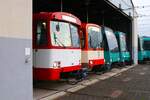 VGF Düwag U2 Wagen 135, U3 Wagen 153, U4 Wagen 530 und Bombardier U5-25 Wagen 674 am 27.10.24 im Rahmen einer Sonderfahrt in Oberursel Bommersheim. Das Foto wurde in einer Abstellanlage gemacht mit Warnweste durfte man dort Fotos machen