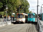 VGF Düwag Ptb Wagen 710 und 732 am 05.10.16 in Frankfurt Eckenheim. Er stand schon auf den Abstellgleis und jetzt Fährt er wieder. Totgesagte leben länger. Heute am 08.10.16 ist leider der letzte Betriebstag der Ptb Wagen auf der Linie U5