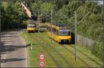 . Gelbe Bahnen, grüne Gleise, rote Schilder - 

Zwei Stadtbahnen der Linie U14 begegenen sich am nördlichen-östlichen Rand von Stuttgar-Mühlhausen auf der seit 1999 bestehenden Verlängerungsstrecke nach Remseck. 

25.06.2012 (M)