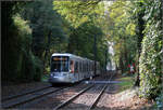 Schön im Grünen -    Eine NF8U-Straßenbahn auf der U72 nach Ratingen-Mitte zwischen Bäumen auf der früheren Eisenbahnstrecke kurz vor der Haltestelle Hirschweg in