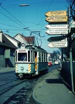 END Straßenbahn Esslingen-Nellingen-Denkendorf__Die aber auch nach Scharnhausen und Neuhausen fuhr.__Tw 20 in Nellingen am Abzweig der Strecke nach Neuhausen. So viele Richtungen im Angebot. Und dennnoch hat es Tw 20 Jahre später ganz woanders hin verschlagen...__09-04-1974