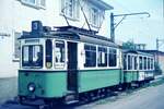 Straßenbahn Reutlingen__Tw 34 [ME 1910; 1961 ex SSB 340, heute SHB S-Bad Cannstatt als 340] mit Bw 42 [ME 1953; SHB S-Bad Cannstatt als Bw SSF 22] auf Linie 3 nach Altenburg vor dem Depot in