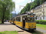 Kirnitzschtalbahn TW 3 steht am 21. Mai 2016 an der Endhaltestelle in Bad Schandau.
