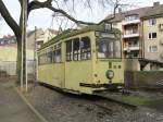 Ein ausgemusterter Verbands-Triebwagen der Bochum-Gelsenkirchener-Straenbahn steht am 9. Mrz 2012 im Hinterhof des kleinen Heimatmuseums in  Herne-Unser Fritz .