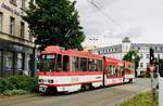 08. Juni 2005, Cottbus, Tw 147 der Straßenbahn fährt auf der Friedrich-Ebert-Straße als Linie 1 nach Schmellwitz. Scan vom Color-Negativ.