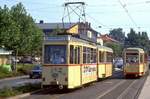 Darmstadt Tw 16 mit Bw 182 in der Heidelberger Strae, 11.08.1986. Diese Berufsverkehrsverstrker waren damals die letzten planmigen Einstze von Zweiachsern in W-Deutschland.