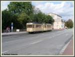 Am 07.09.2008 verkehrte der Triebwagen 57 vom Typ ST3 (Baujahr 1926 Gastell) mit dem erst krzlich fertiggestellten ehemaligen Kinderbahn-Beiwagen 132 zwischen der hier zu sehenden Haltestelle