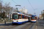 Am 1.März 2016 befährt ST 12-Tw 9116 als Linie 2 zum Hauptbahnhof mit seinem Beiwagen 9440 die Rheinstraße.